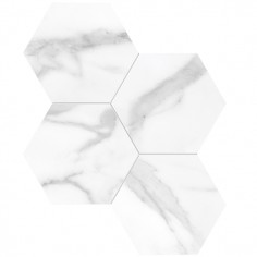 TRAVERTINO INSTRATA (12"X24" POLISHED) - STATUARIO NUOVO (6" HEXAGONS HONED)