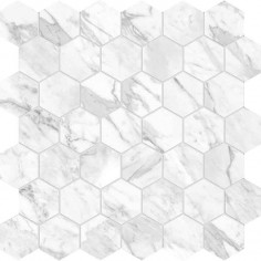 TRAVERTINO INSTRATA (6" HEXAGONS HONED) - STATUARIETTO (2" HEXAGON MOSAIC POLISHED)