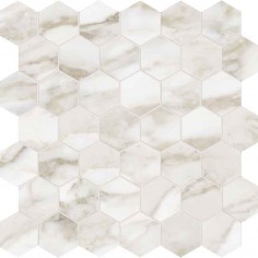 CARRARA GIOIA (4"X12" HONED) - CALACATTA PAONAZZO (2" HEXAGON MOSAIC HONED)