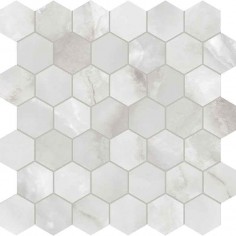 STATUARIO NUOVO (12"X24" POLISHED) - ONYX NUVOLATO (2" HEXAGON MOSAIC HONED)