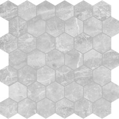 PERLA GRIGIA (24"X24" POLISHED) - PERLA GRIGIA (2" HEXAGON MOSAIC MATTE)