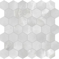 STATUARIO BRINA (24"X48" POLISHED) - ONYX CRYSTALLO (2" HEXAGON MOSAIC POLISHED)