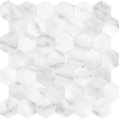PERLA GRIGIA (24"X24" POLISHED) - CARRARA ABISSO (2" HEXAGON MOSAIC MATTE)